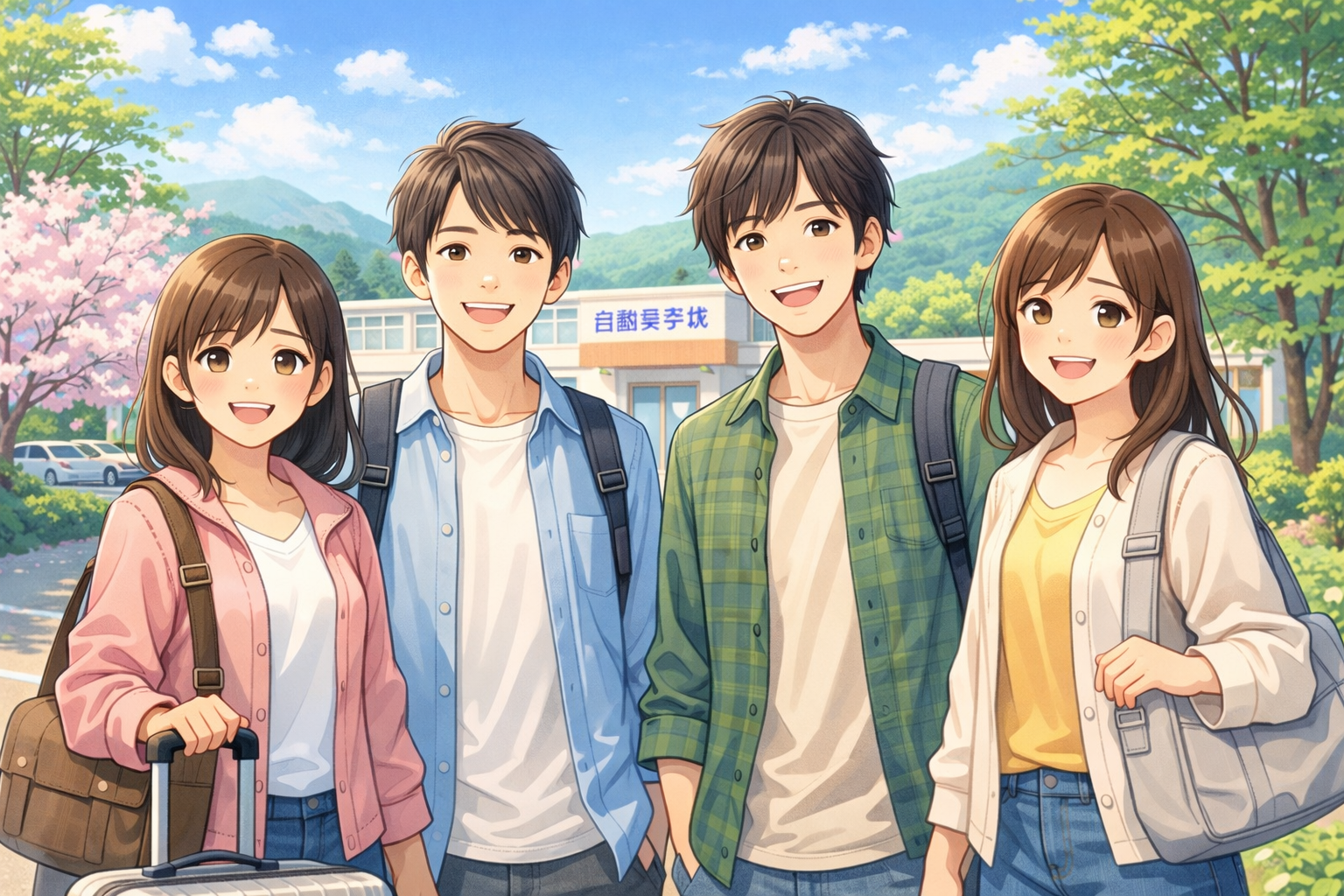 春休みの青空の下、地方の教習所前で笑顔で並ぶ大学生グループと自然豊かな校舎のイラスト