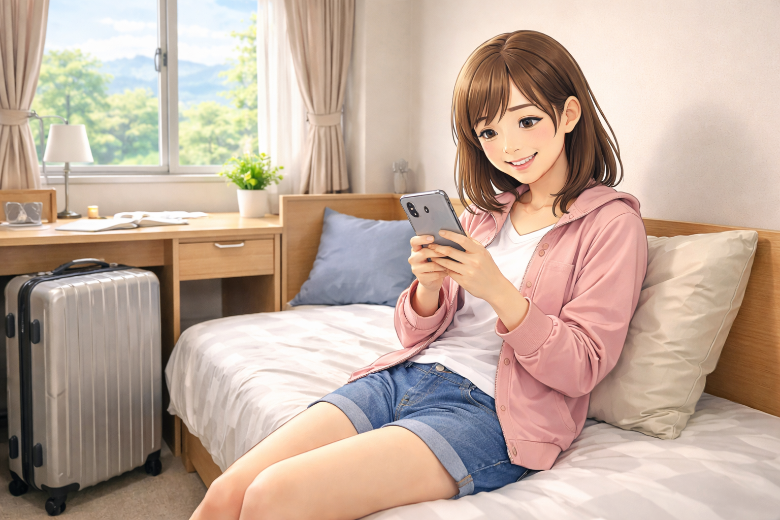 明るく清潔感のある合宿免許の個室寮で、シンプルなベッドと机、スーツケースが整えられた空間に、20代の学生が自然光の差し込む中でスマホを見ながらリラックスしている様子。落ち着いた環境と爽やかな色味が、学生向けの合宿免許でも安心して自分時間を過ごしながら短期間の免許取得を目指せる前向きな雰囲気を伝えるリアル系イラスト。