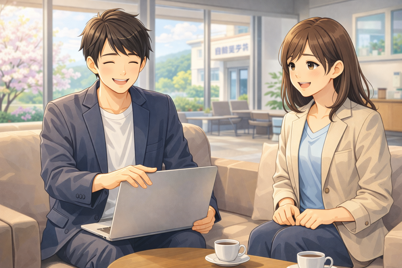 春の地方都市にある社会人向けの合宿免許教習所ラウンジで、スーツをカジュアルに着崩した20〜30代の社会人男女がノートPCを閉じてリラックスしている様子。窓から柔らかい自然光が差し込み、落ち着いた雰囲気と前向きな空気感が伝わる爽やかな色味のリアル系イラスト。