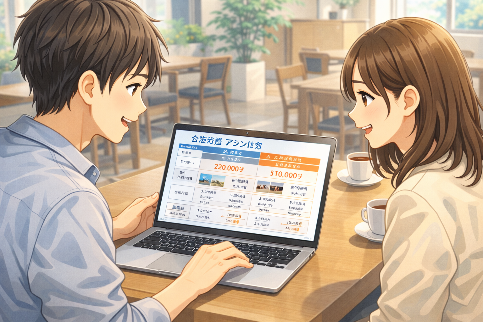 カフェ風の明るい室内で、大学生がノートパソコンを開きながら合宿免許の料金や教習所プランを比較している様子。柔らかな自然光が差し込む落ち着いた空間が、学生向けの合宿免許でも安心して選べる前向きな雰囲気を伝える爽やかなリアル系イラスト