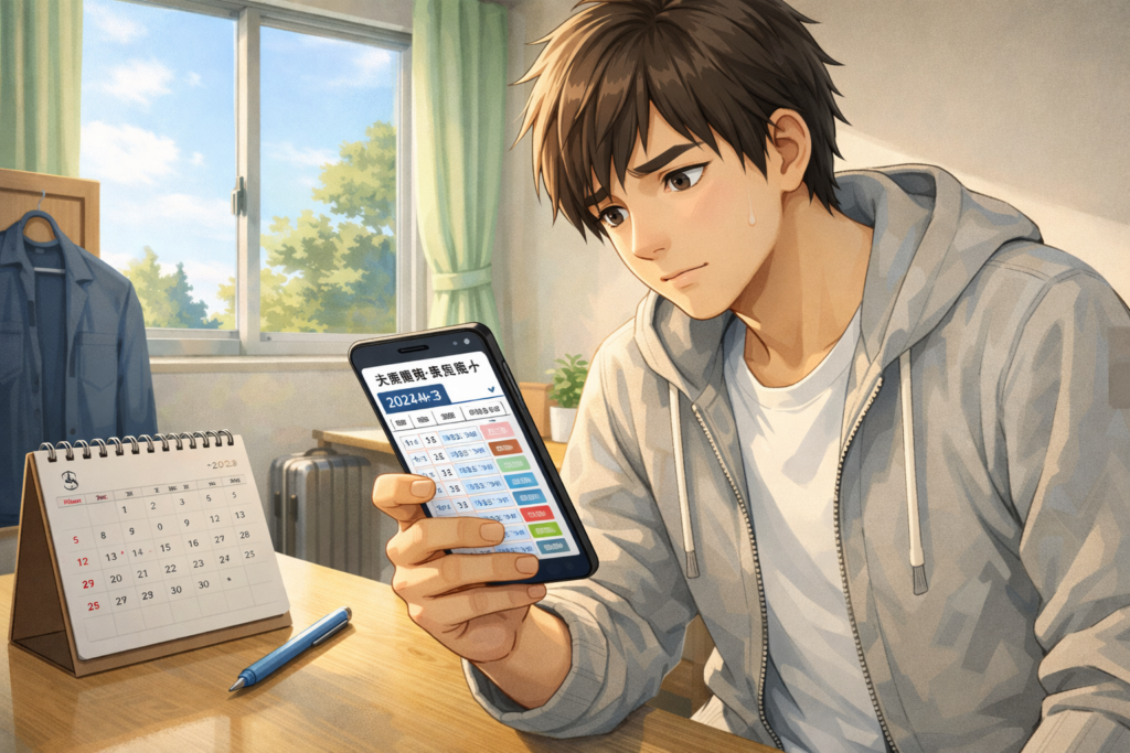 合宿免許の空き状況を確認して迷う大学生