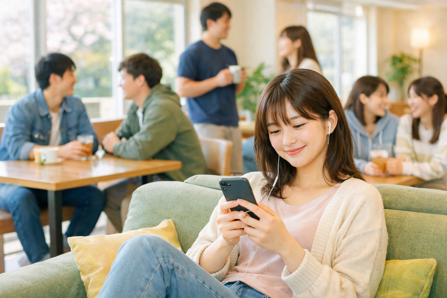 春の地方教習所、明るい寮のラウンジでリラックスしてスマホを見る女性と談笑する学生たちのリアルなイラスト