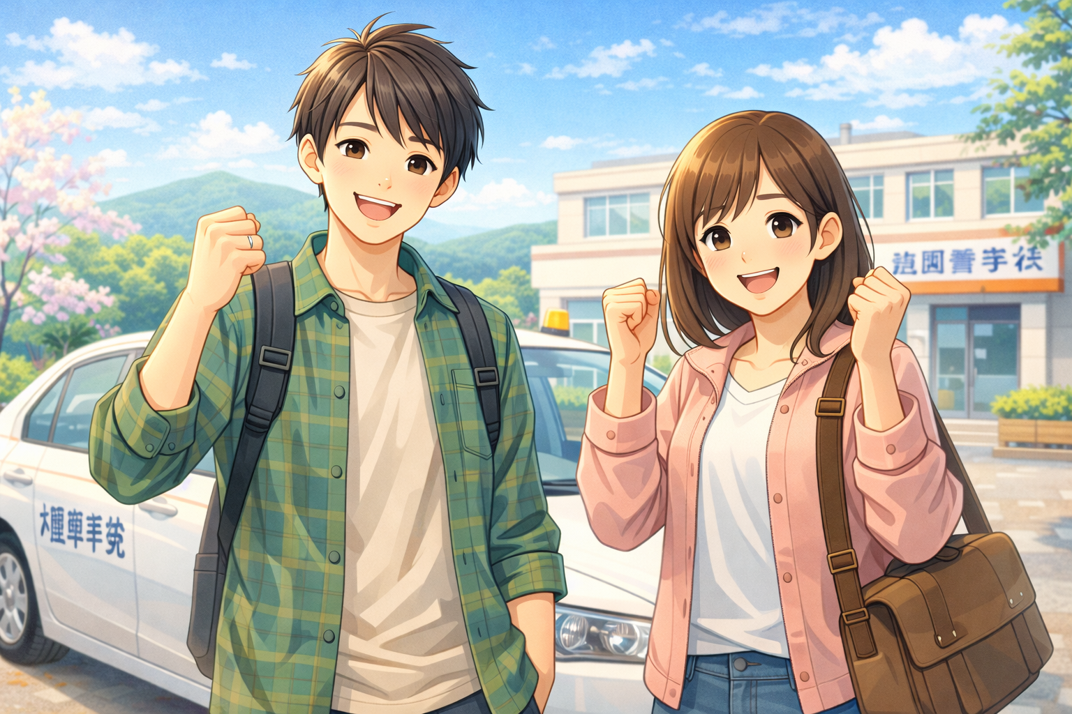 春休みの地方教習所で、青空の下、教習車の前に立つ大学生の男女が笑顔でガッツポーズをしている様子。自然に囲まれた明るい校舎と爽やかな色味が、学生向けの合宿免許でも安心して短期間の免許取得を目指せる前向きな雰囲気を伝えるリアル寄りイラスト