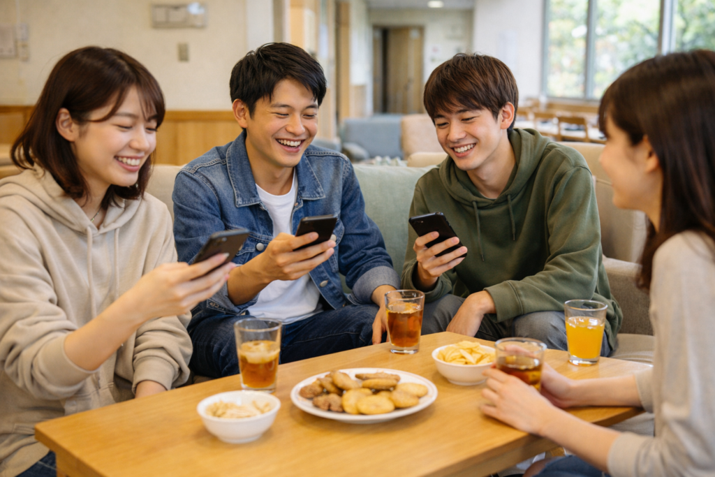 合宿免許の寮でリラックスして過ごす学生