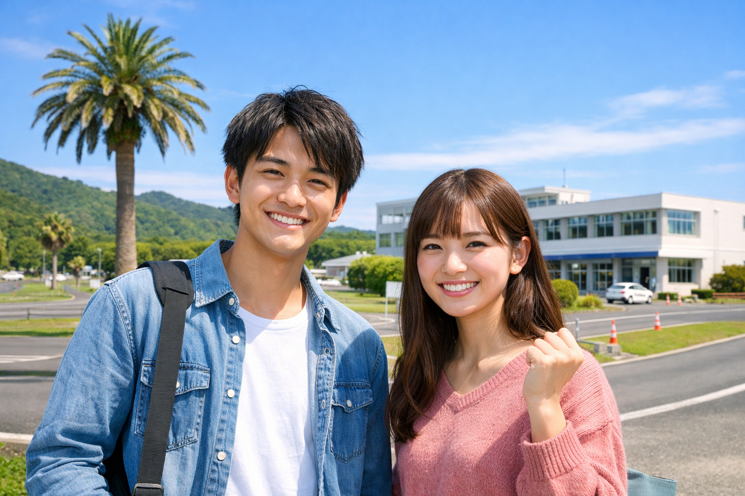 静岡県の合宿免許教習所外観と青空