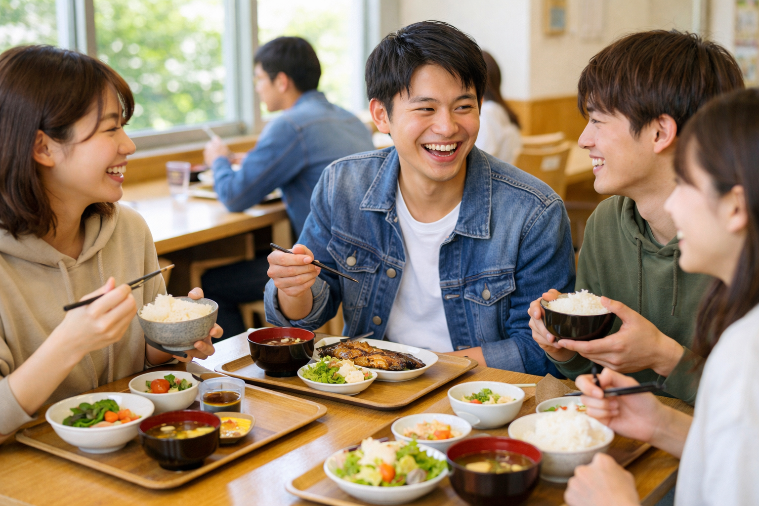 合宿免許の食堂で食事を楽しむ学生