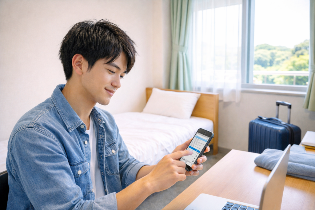 静岡合宿免許の寮でスマホ申込をする学生