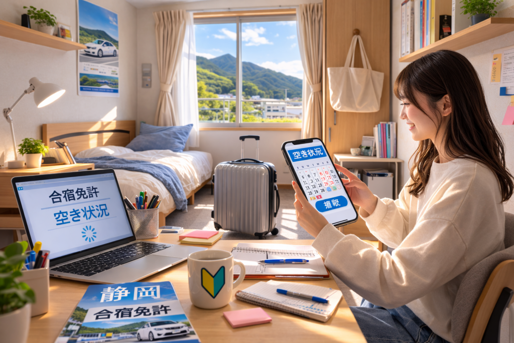 静岡合宿免許の個室寮で空き状況を確認する学生の様子