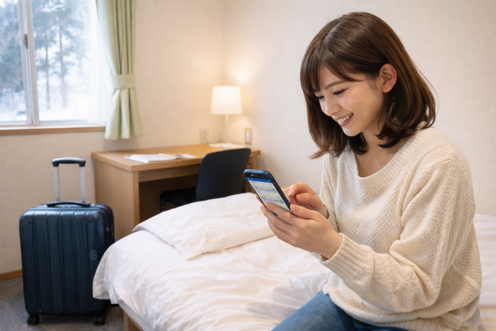 春休みの合宿免許の空き状況をスマホで確認する学生