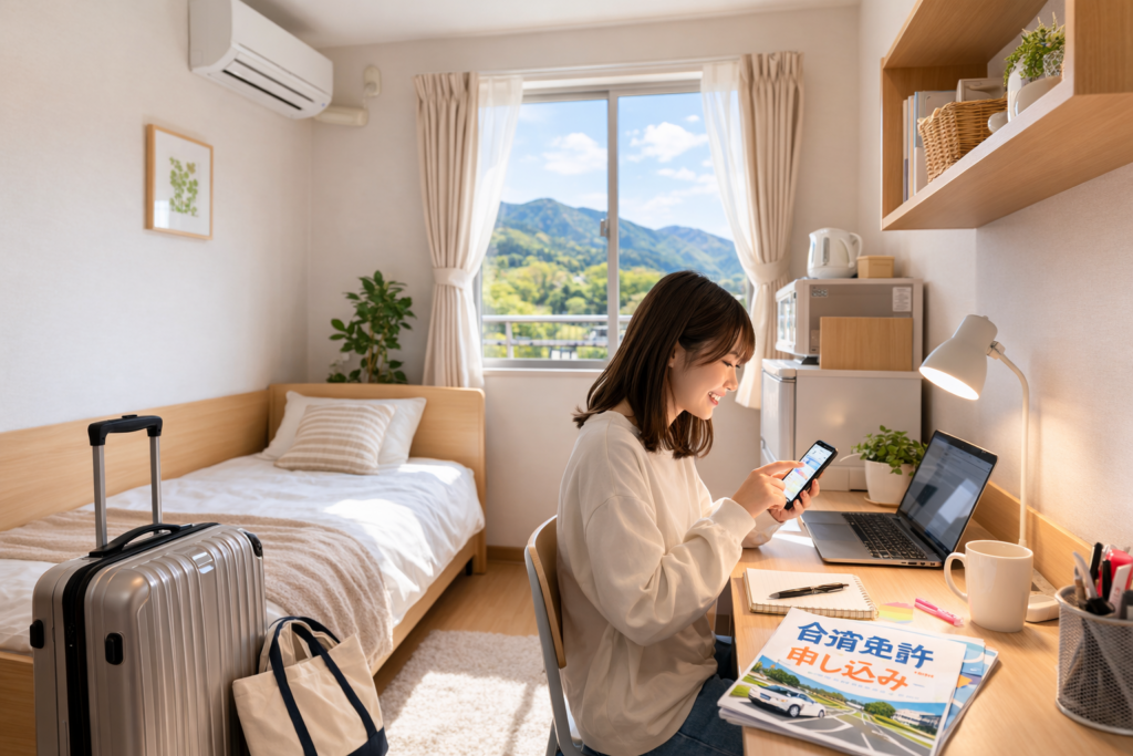 新潟合宿免許の個室寮で申し込み手続きをする様子