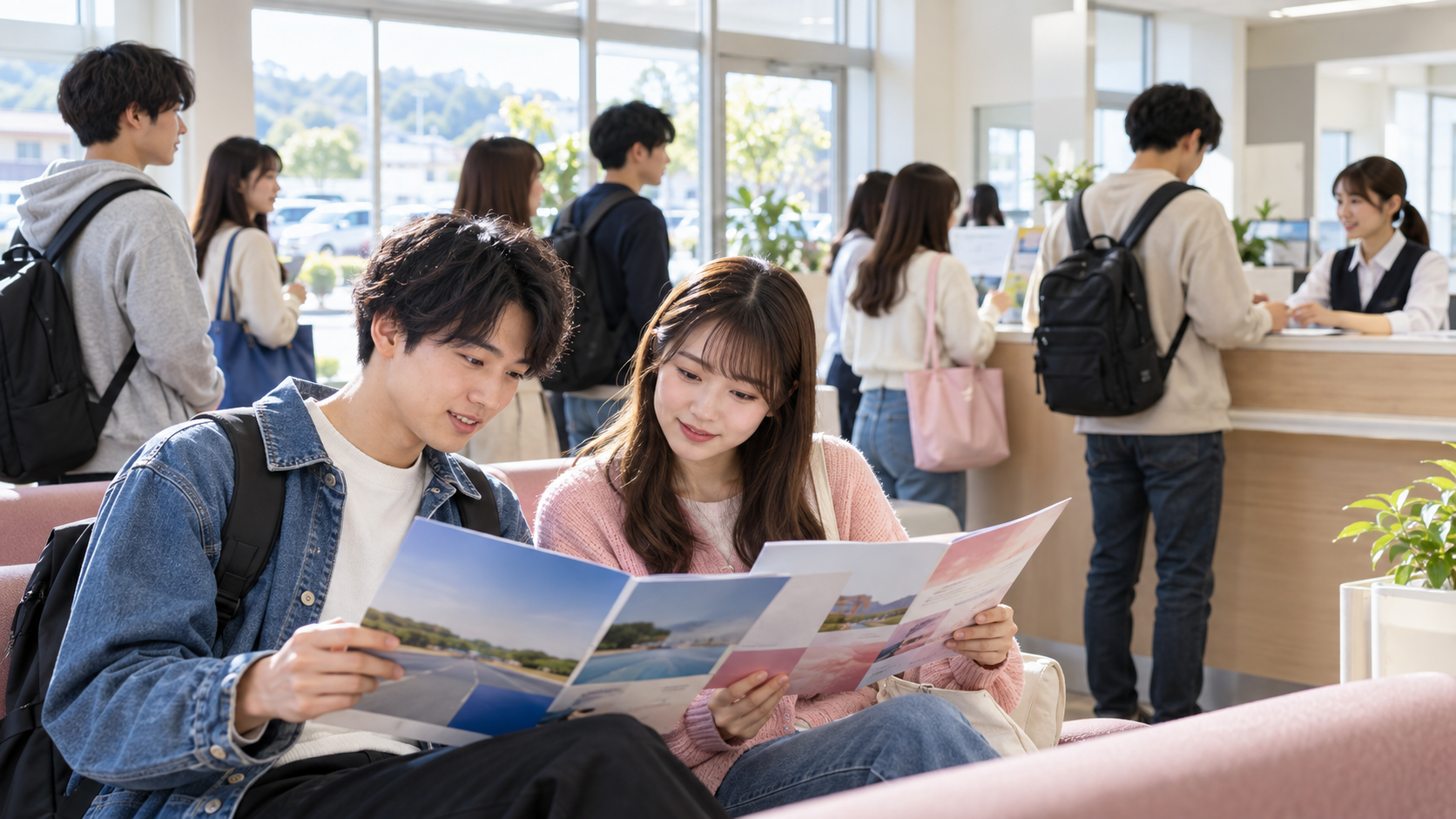 春休みで混み合う教習所の受付