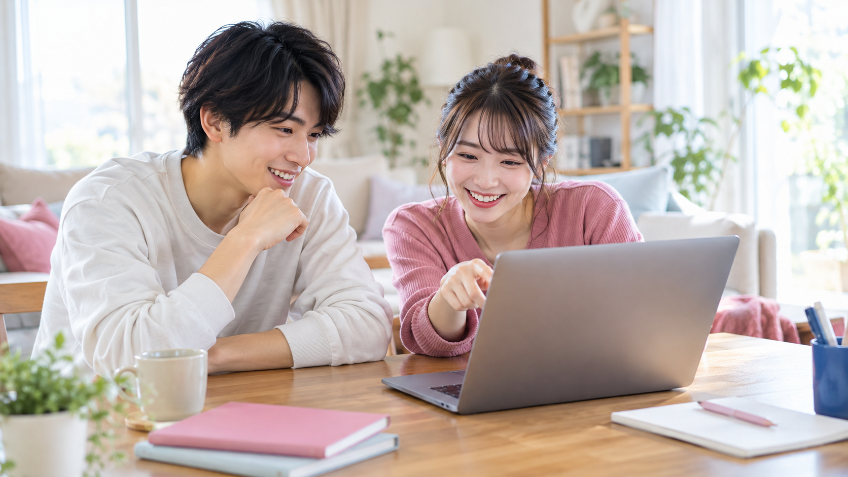 合宿免許の申し込み内容を確認する若い男女