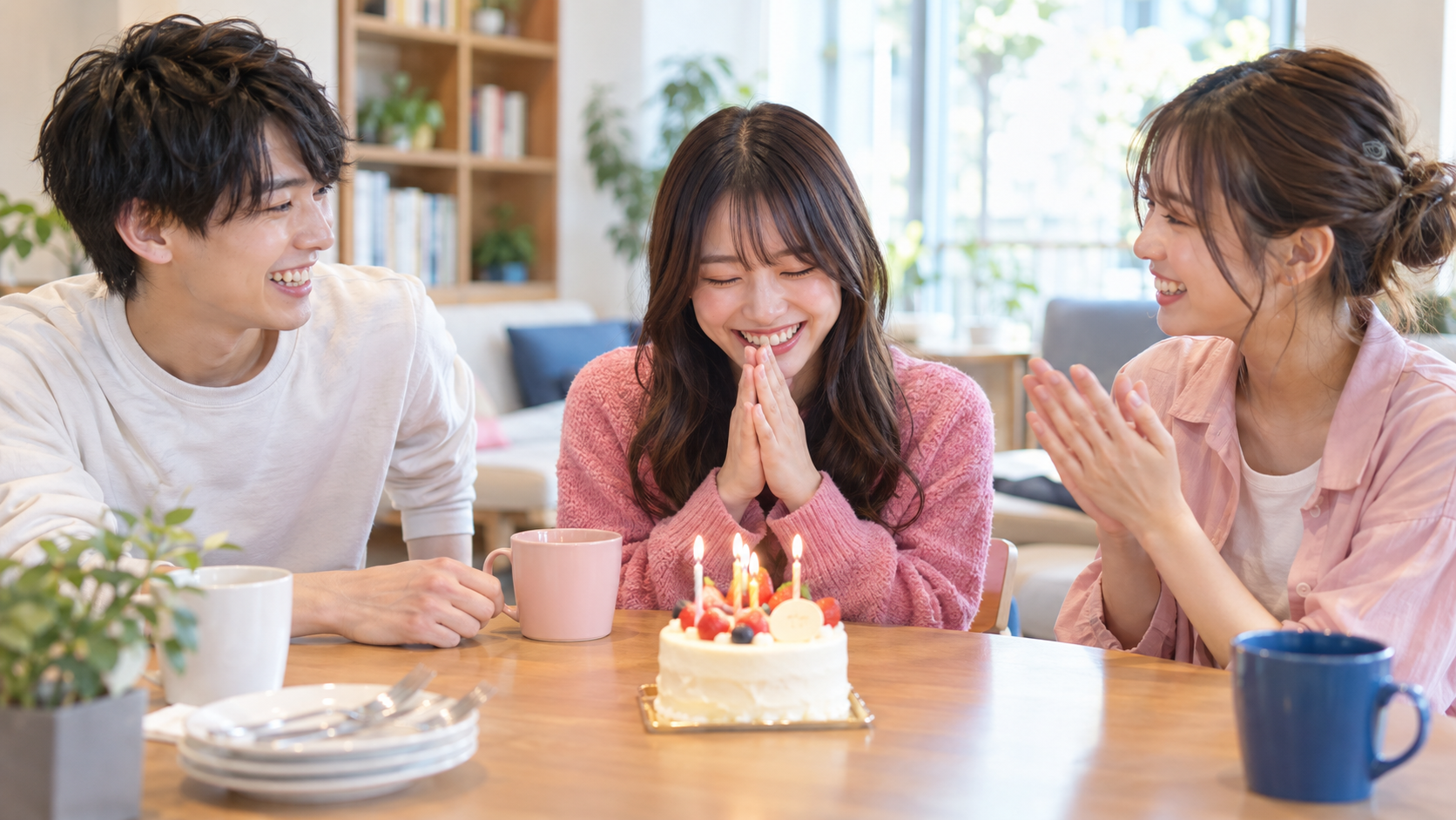 合宿免許の宿泊先で友達の誕生日を祝う若い男女