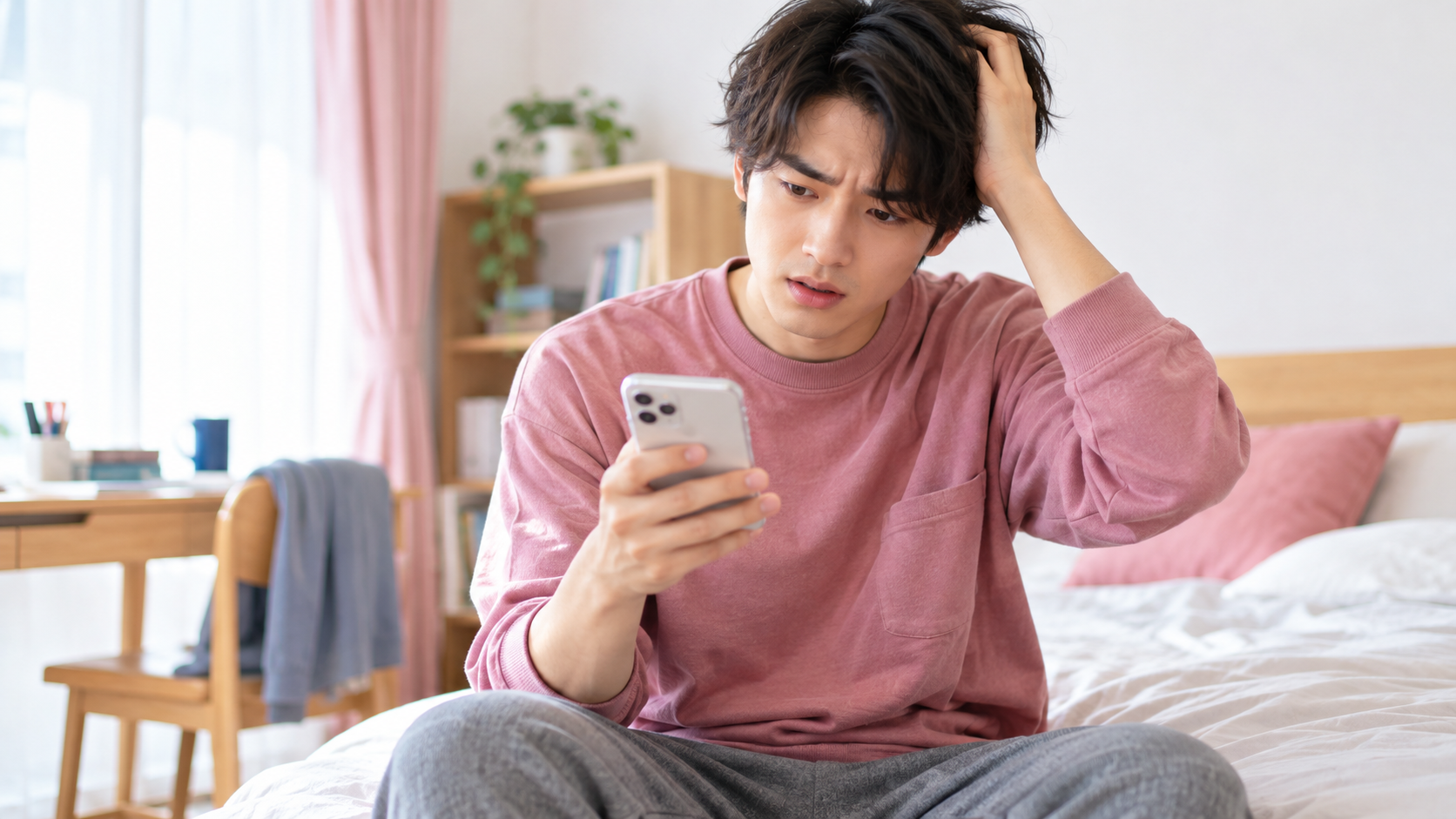 スマホで合宿免許の予約内容を見て困った顔をする男性