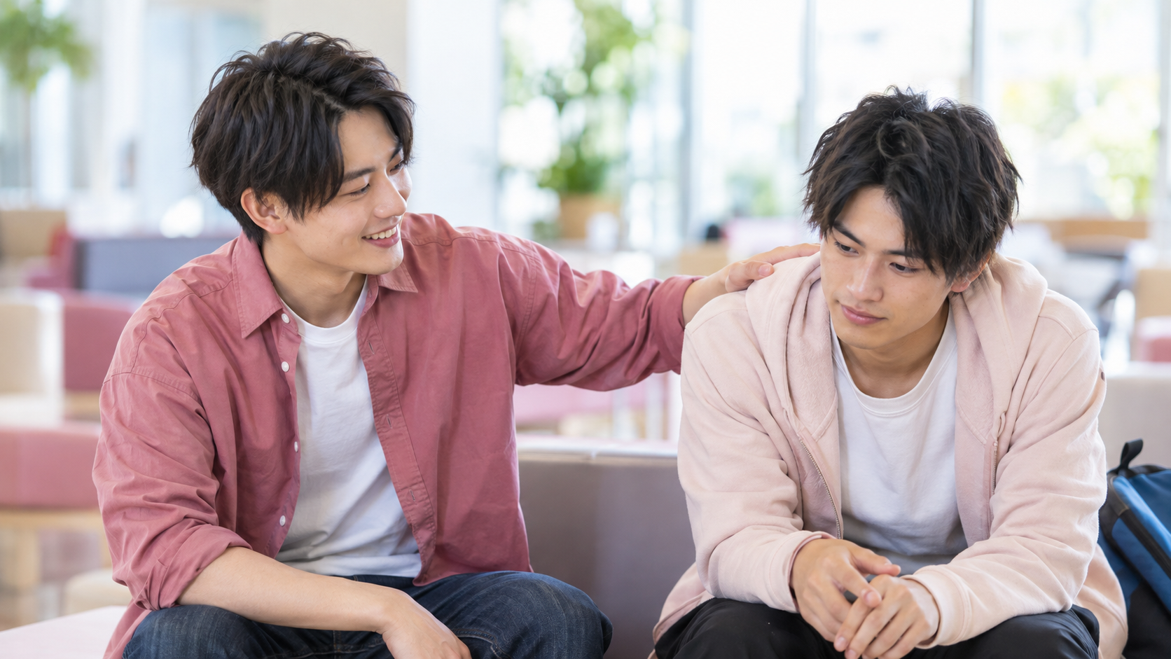 教習所の待合スペースで友達に励まされる男性