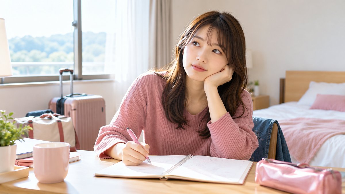 合宿免許の宿泊施設の部屋でお金の記録をつける女性