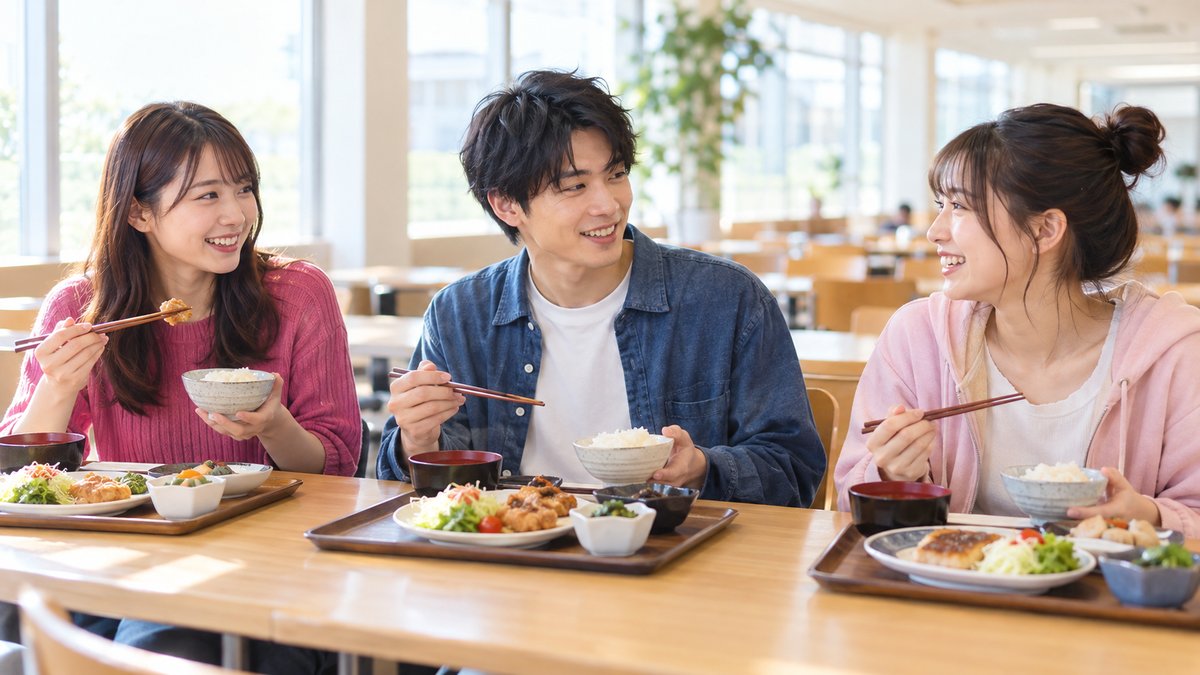 合宿免許の宿泊施設の食堂で定食を食べる男女