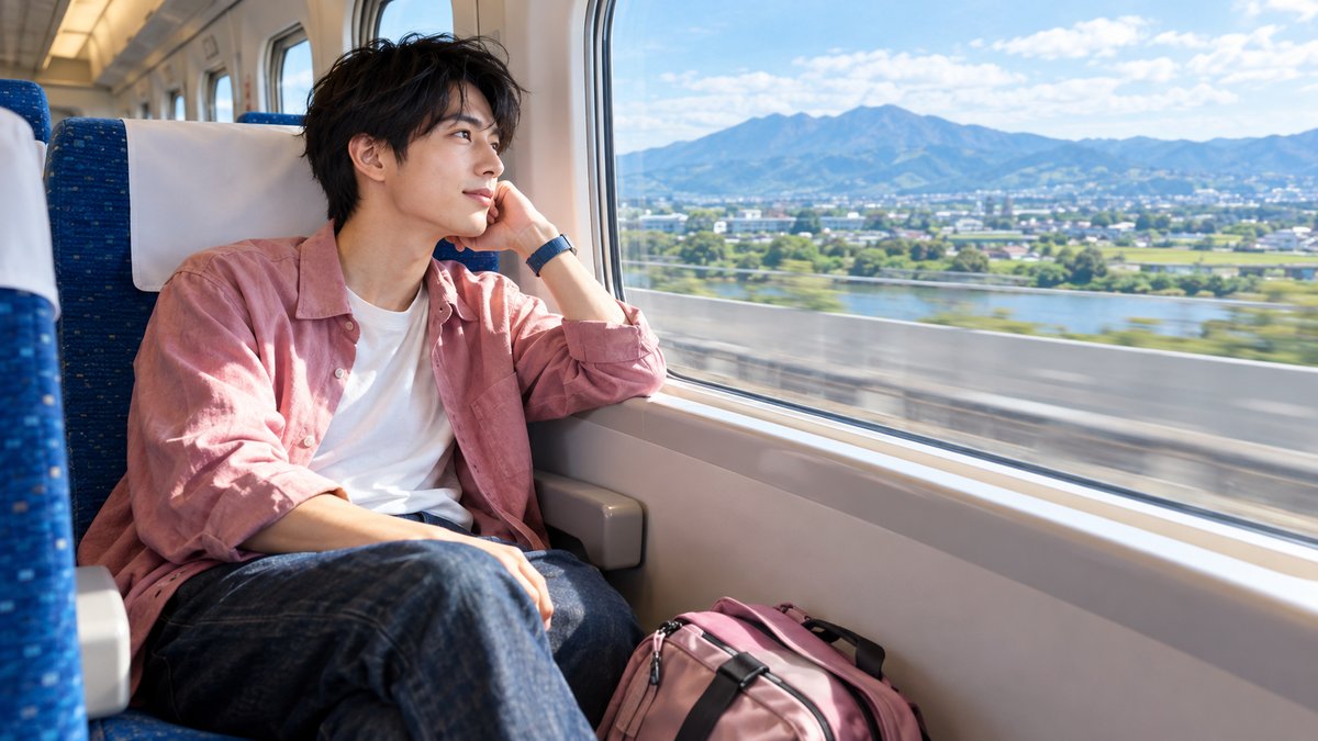 新幹線で合宿免許の教習所へ向かう男性