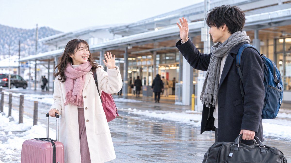 年末に一時帰宅のため駅前で別れる男女