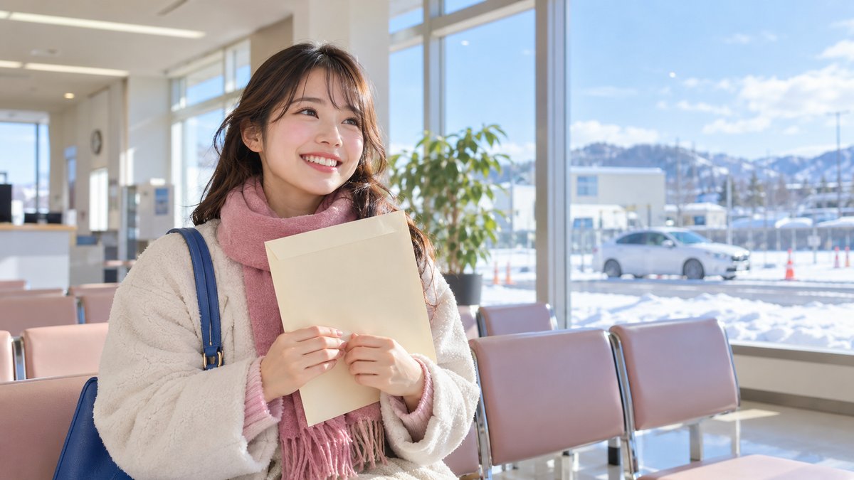 教習所の待合スペースで封筒を手にほほえむ冬服の女性