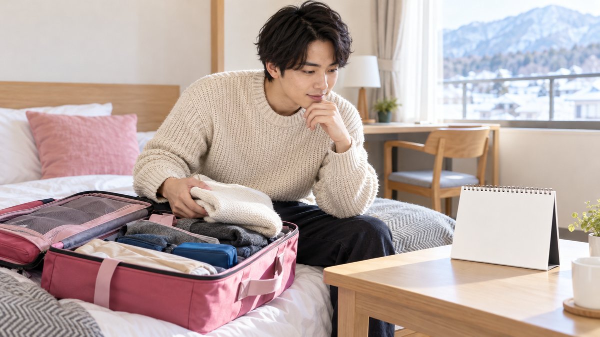 宿泊施設の部屋で荷物をまとめながら予定を考える男性