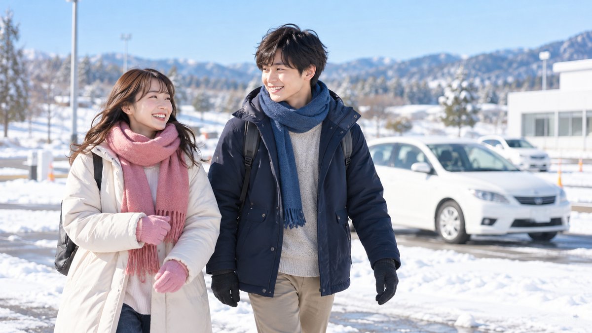 雪が少し積もった教習所の敷地を歩く冬服の男女