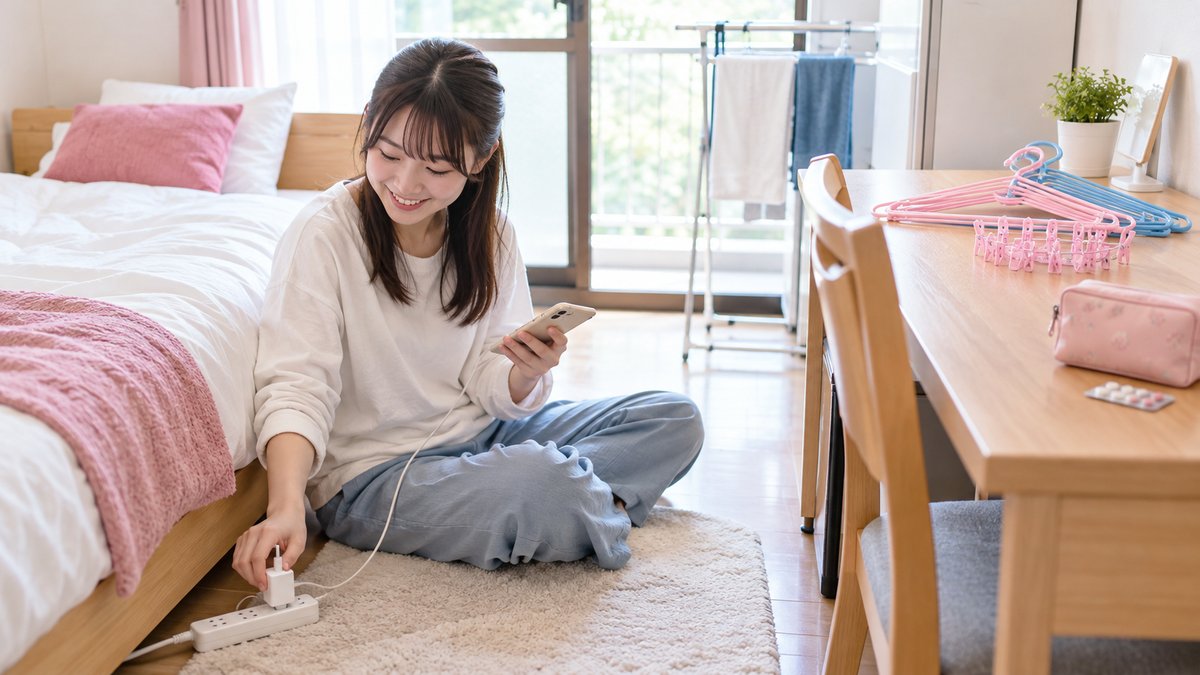 合宿免許の宿舎の部屋で延長コードにスマホをつないでくつろぐ女性