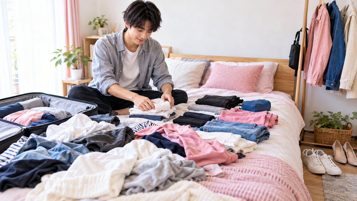 持っていく服を少しだけ選んで荷物を減らす男性