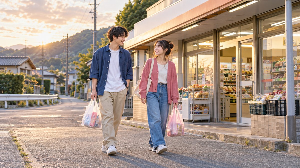 教習所の宿舎の近くのお店で買い物をして歩く男女
