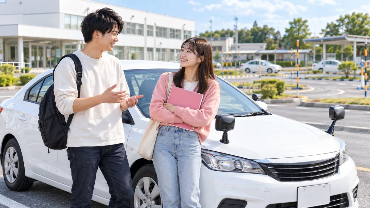 教習所のAT車の前で話し合う若い男女の受講生