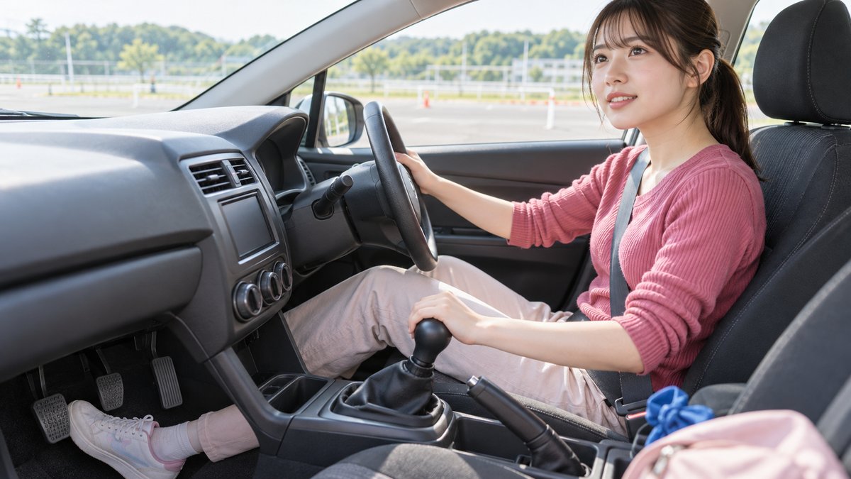 教習車のマニュアル車のシフトレバーを握る若い女性の手元