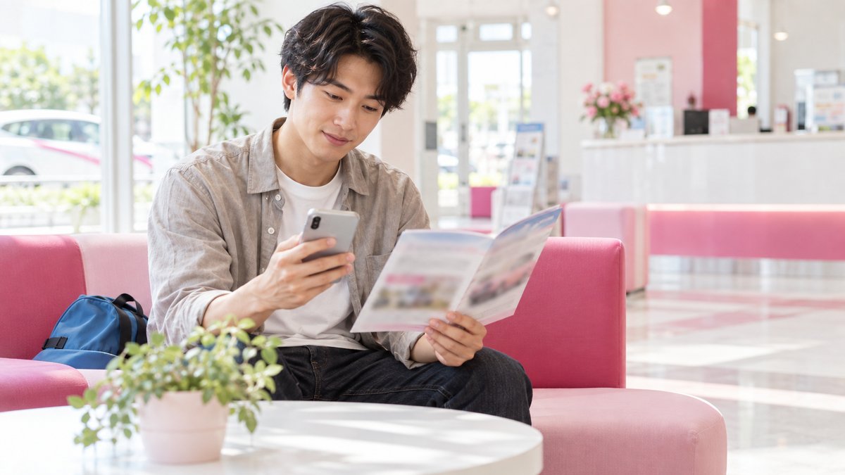 教習所のロビーで料金表を見比べる若い男性