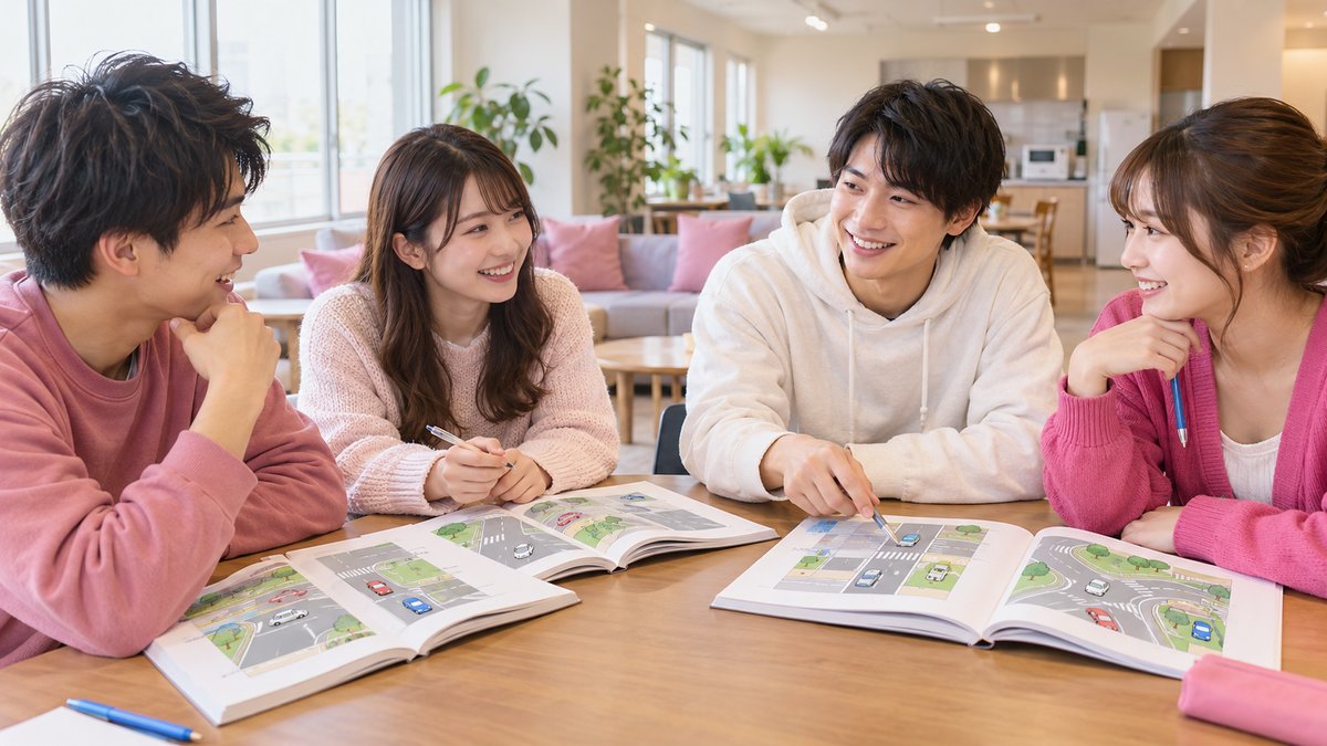 宿舎の共有スペースで教本を広げて話す若い受講生たち