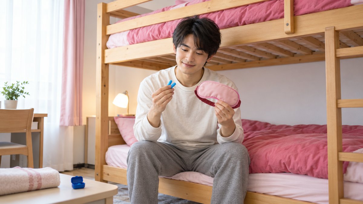 2段ベッドの部屋で耳栓とアイマスクを準備する若い男性