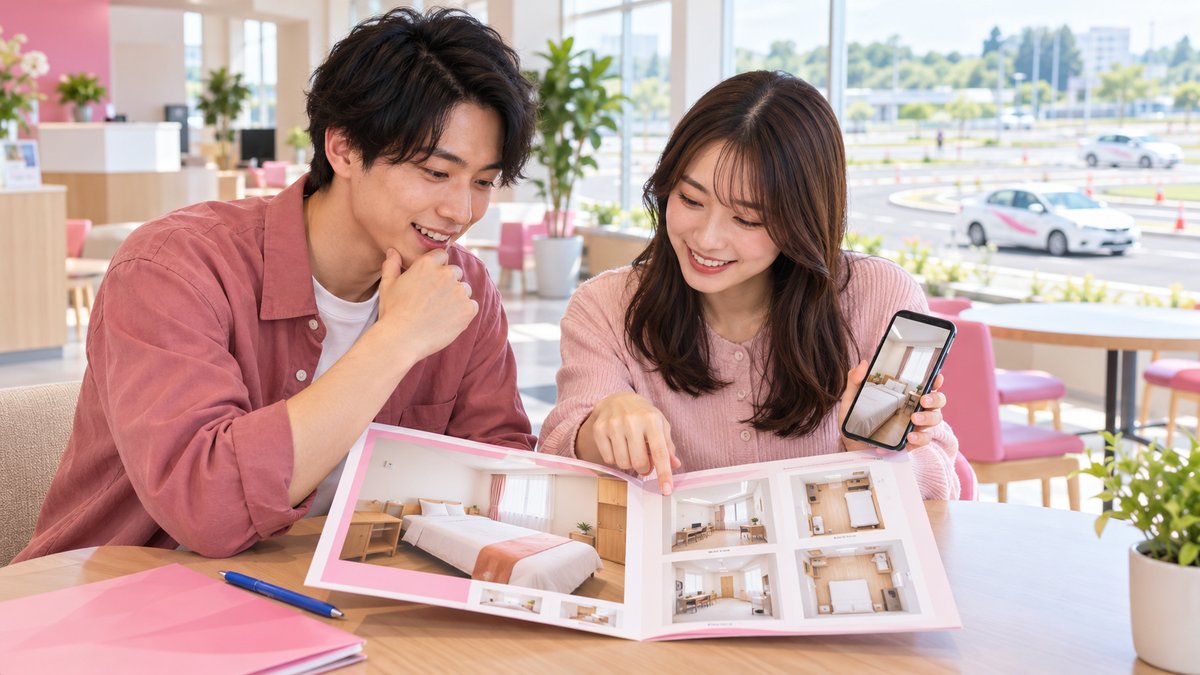 教習所のロビーでパンフレットを見ながら部屋のタイプを相談する若い男女