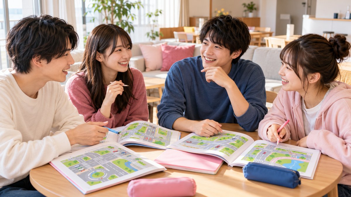 合宿の宿舎の共有スペースで教本を広げて話す若い男女の受講生