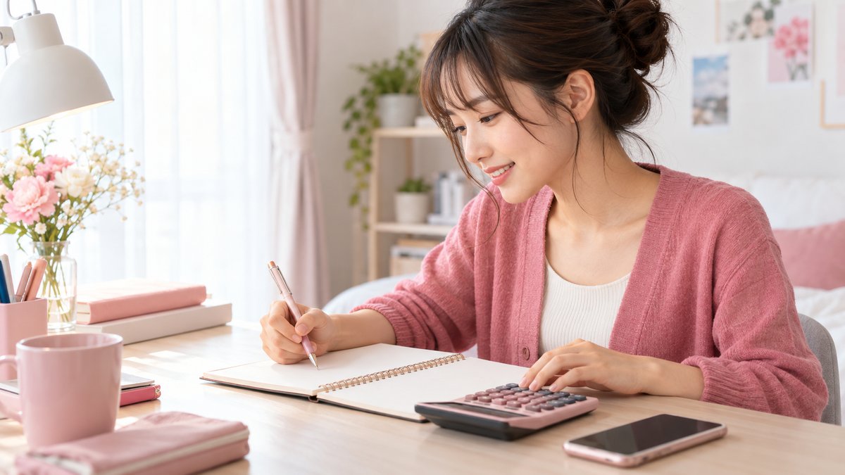 電卓とノートで免許の費用を書き出して比べる若い女性