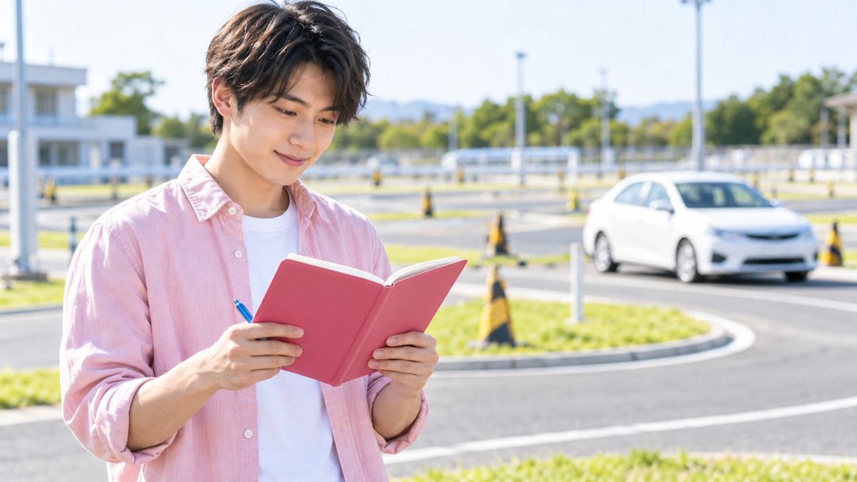 教習コースの横で手帳を見て日程を確認する若い男性