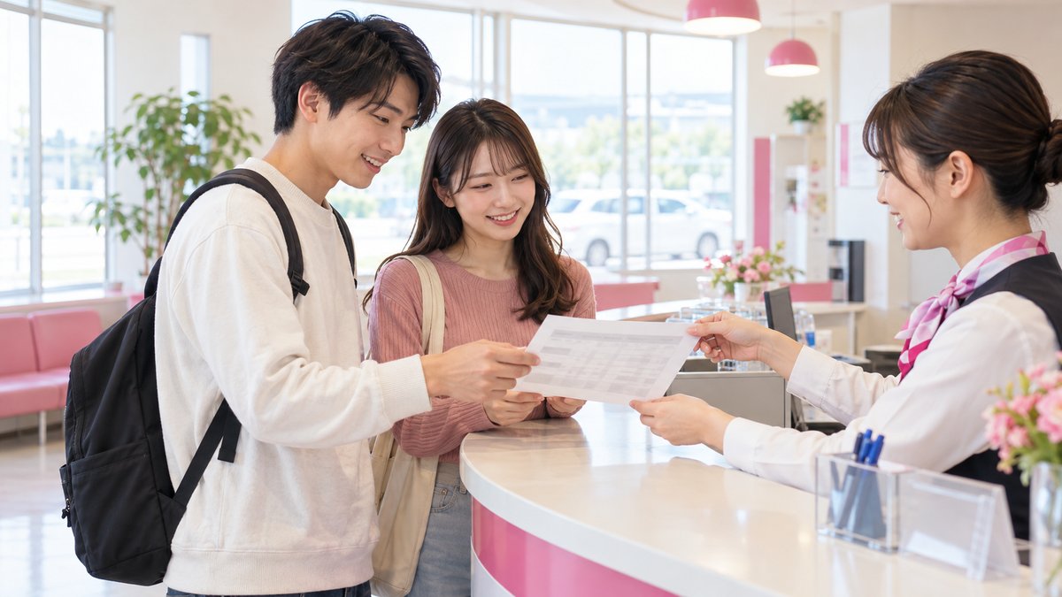 合宿免許の教習所のロビーで次の検定日を確認する若い男女