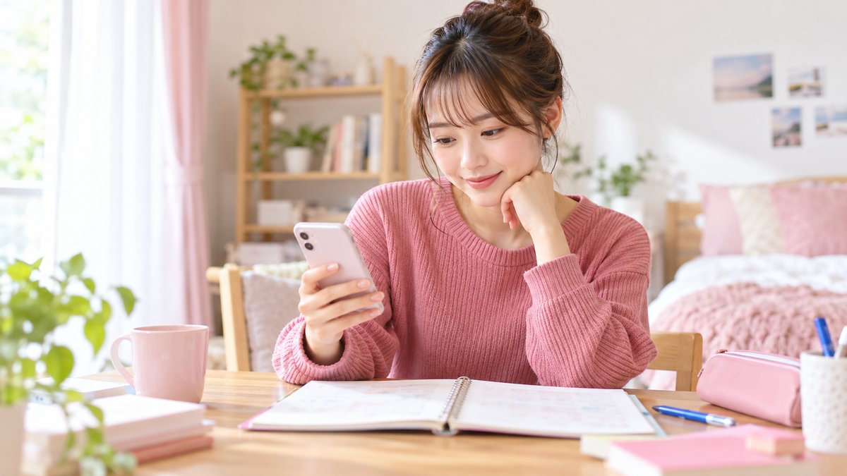 合宿免許の申込前に保証の条件を見比べる若い女性