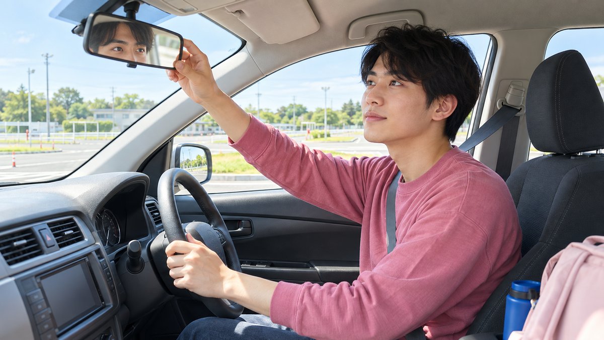 教習車の運転席でミラーを確認する若い男性