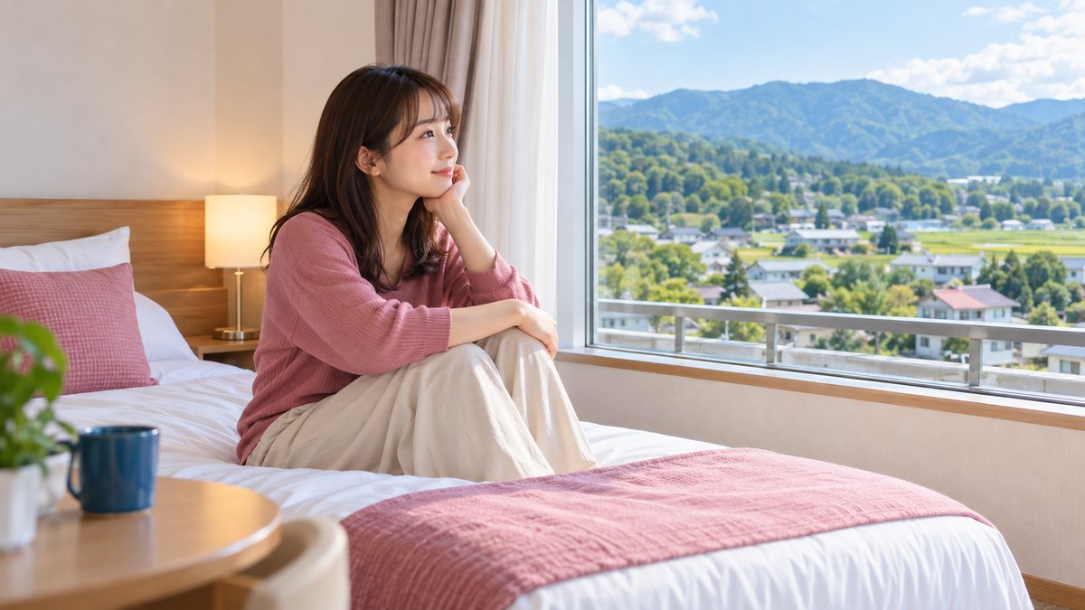 ホテルのシングルルームでくつろぐ若い女性