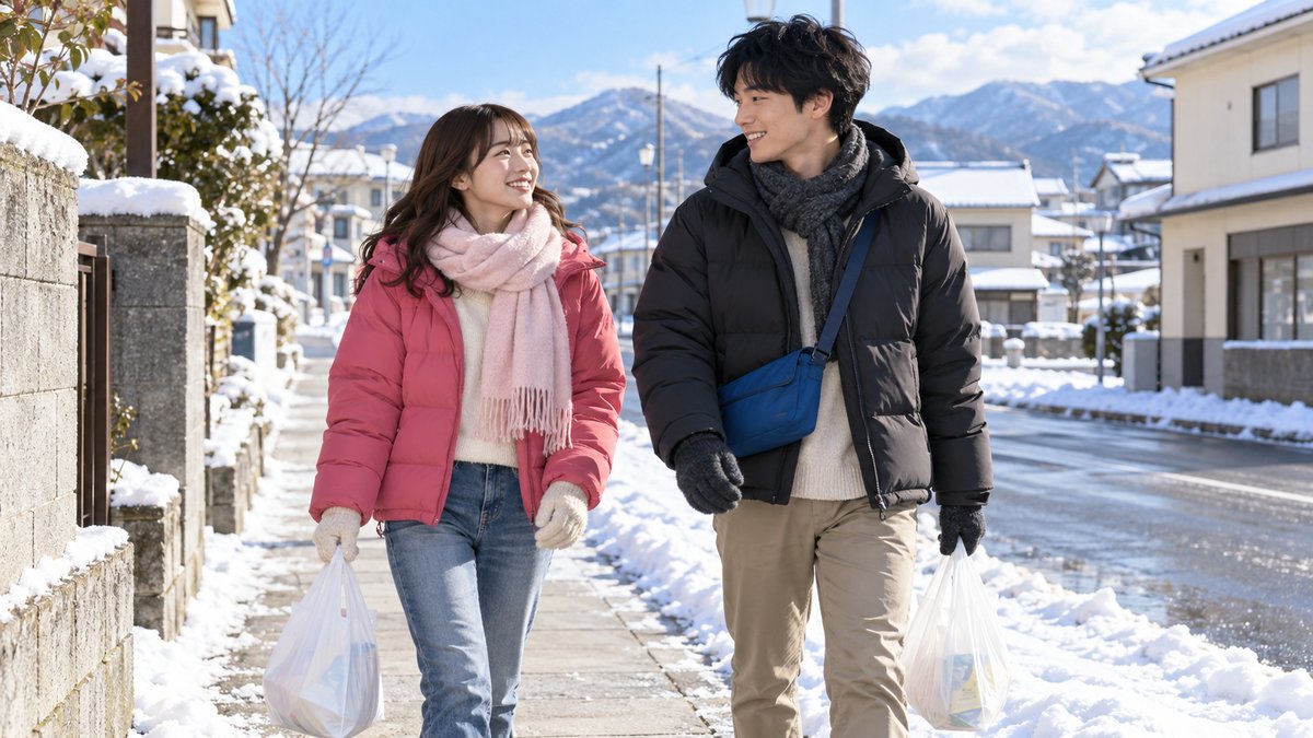 雪の残る街を歩く若い男女