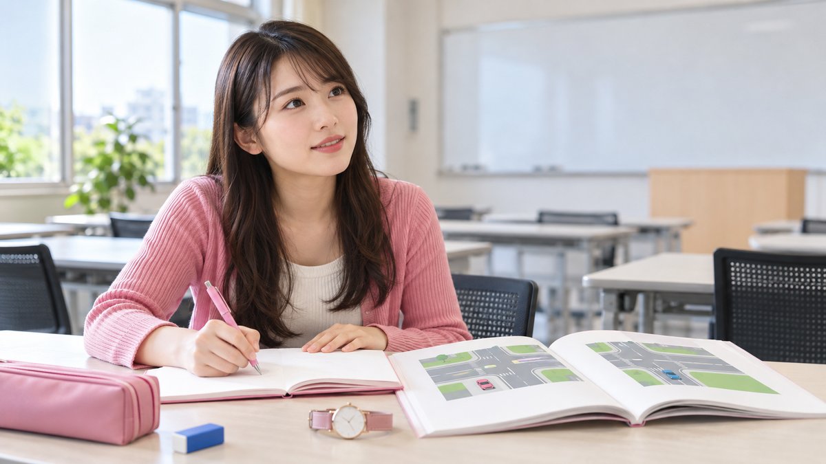 教室で学科の授業を受けながらノートをとる若い女性