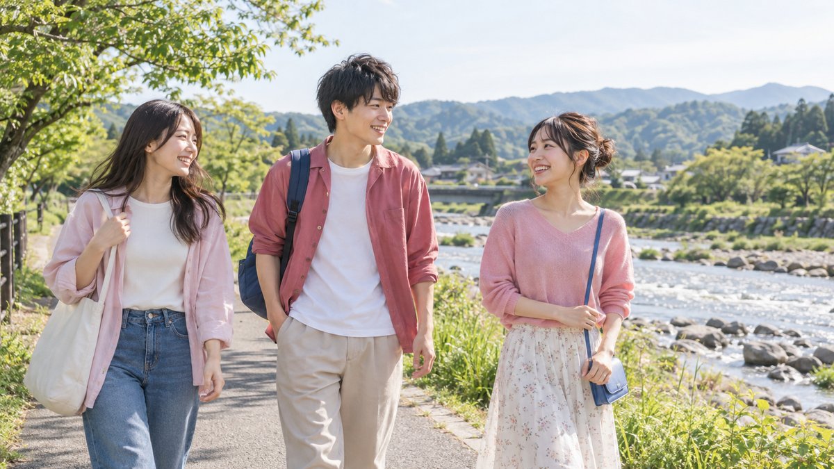 空き時間に川沿いの道を散歩する若い男女3人