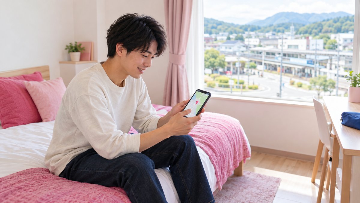 シングルルームでスマホの地図を見る若い男性