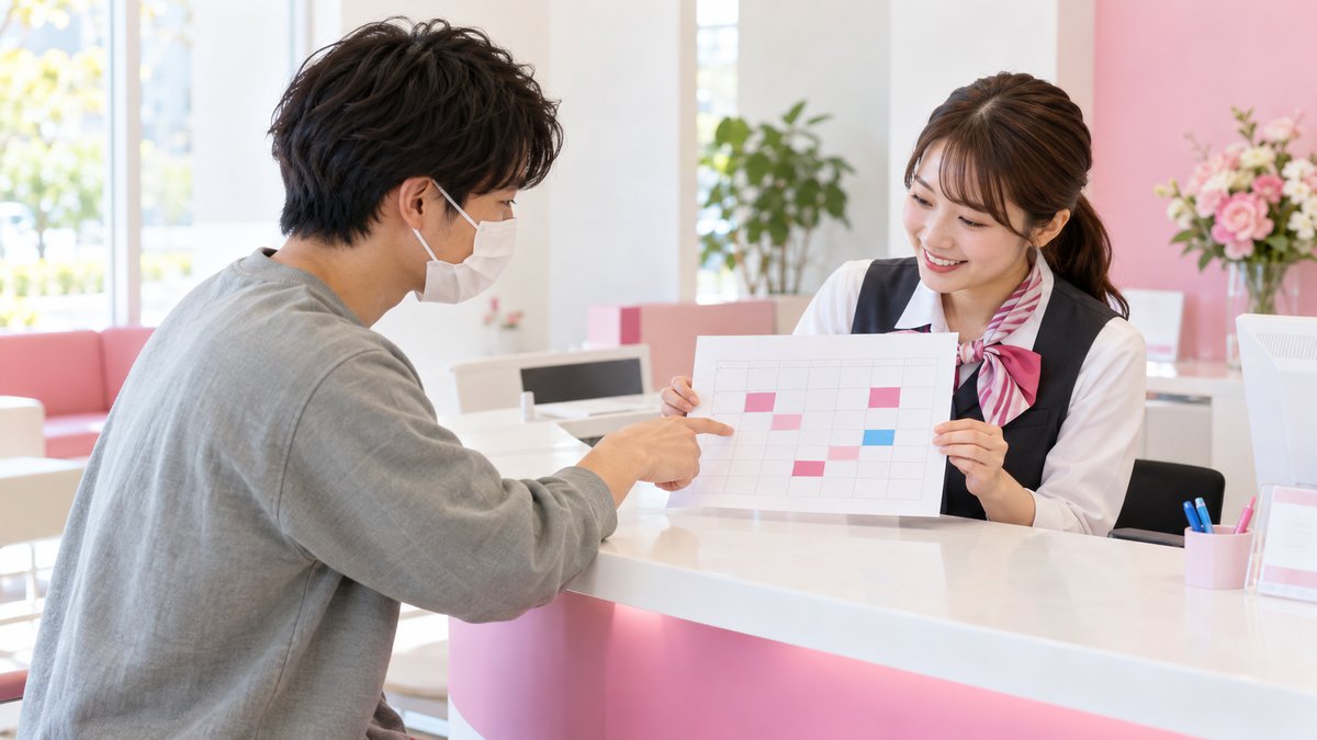 教習所の受付で日程の相談をするマスク姿の若い男性