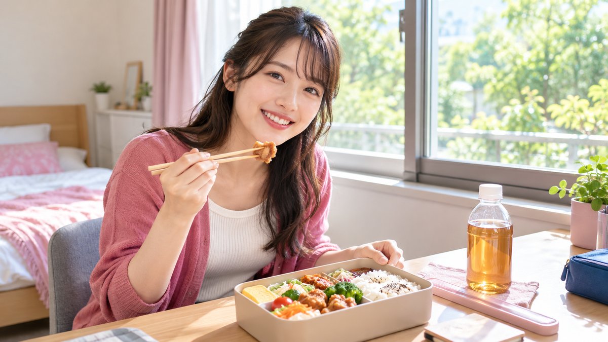 明るい宿舎の部屋でお弁当を広げて笑顔の女性