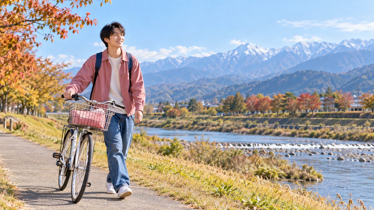 山並みを背景に川沿いの道で自転車を押して歩く男性
