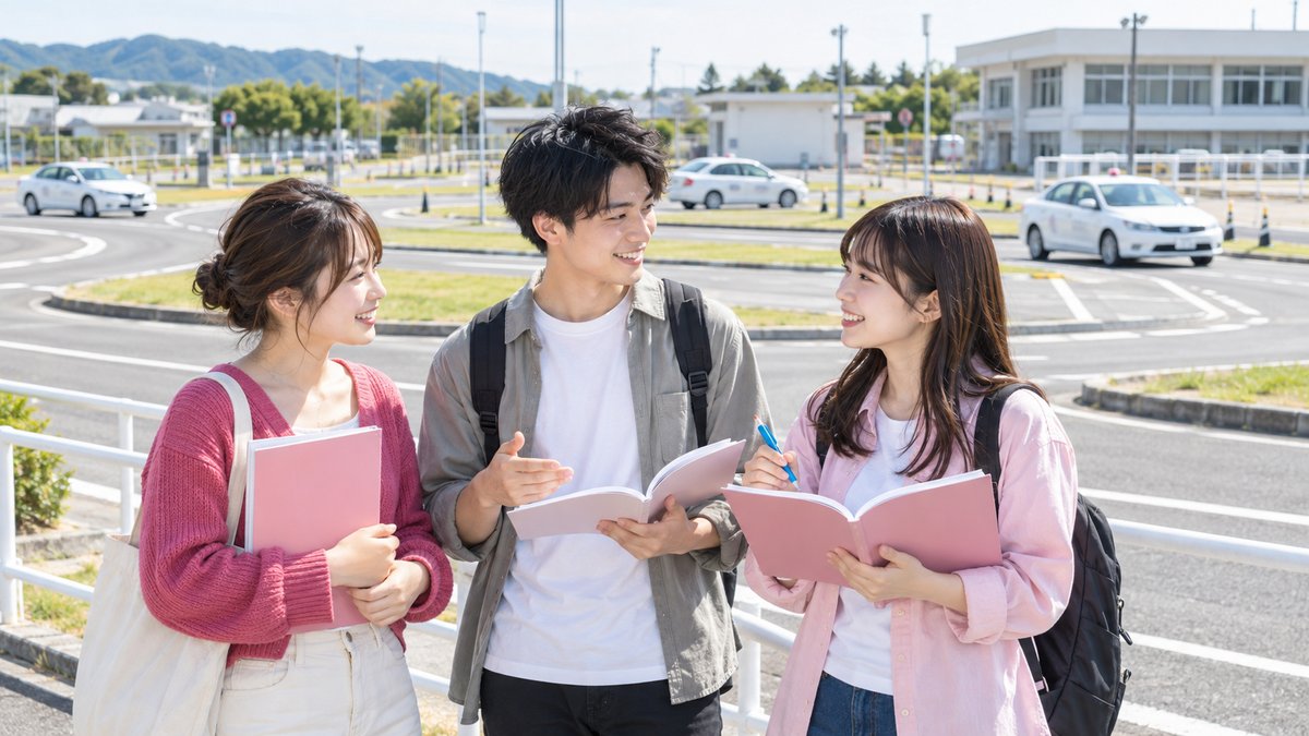 教習所のコースのそばで教本を持って笑顔で話す若い男女